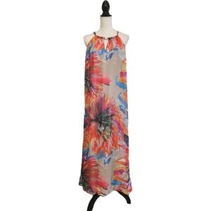 Leslie Fay Vibrant Floral Chiffon Maxi Dress Size 10 Beachy Artsy Resort